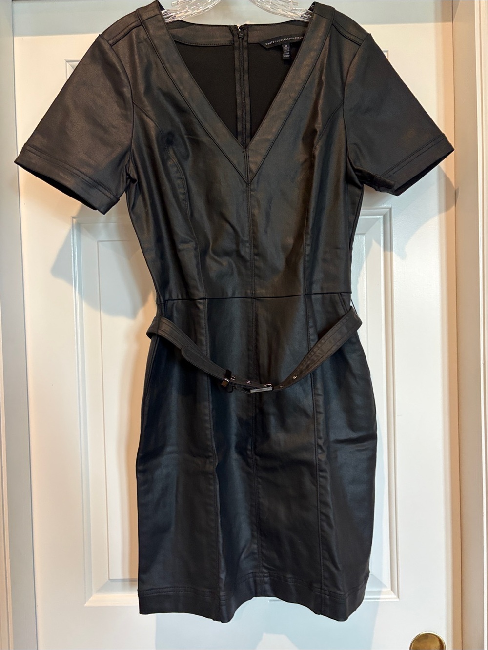 WHBM Black Coated denim V-Neck Dress with Belt